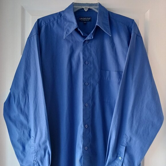 London Fog Mens Long Sleeve Dress Shirt Solid Blue Size16 Pocket Point Collar - Picture 2 of 10